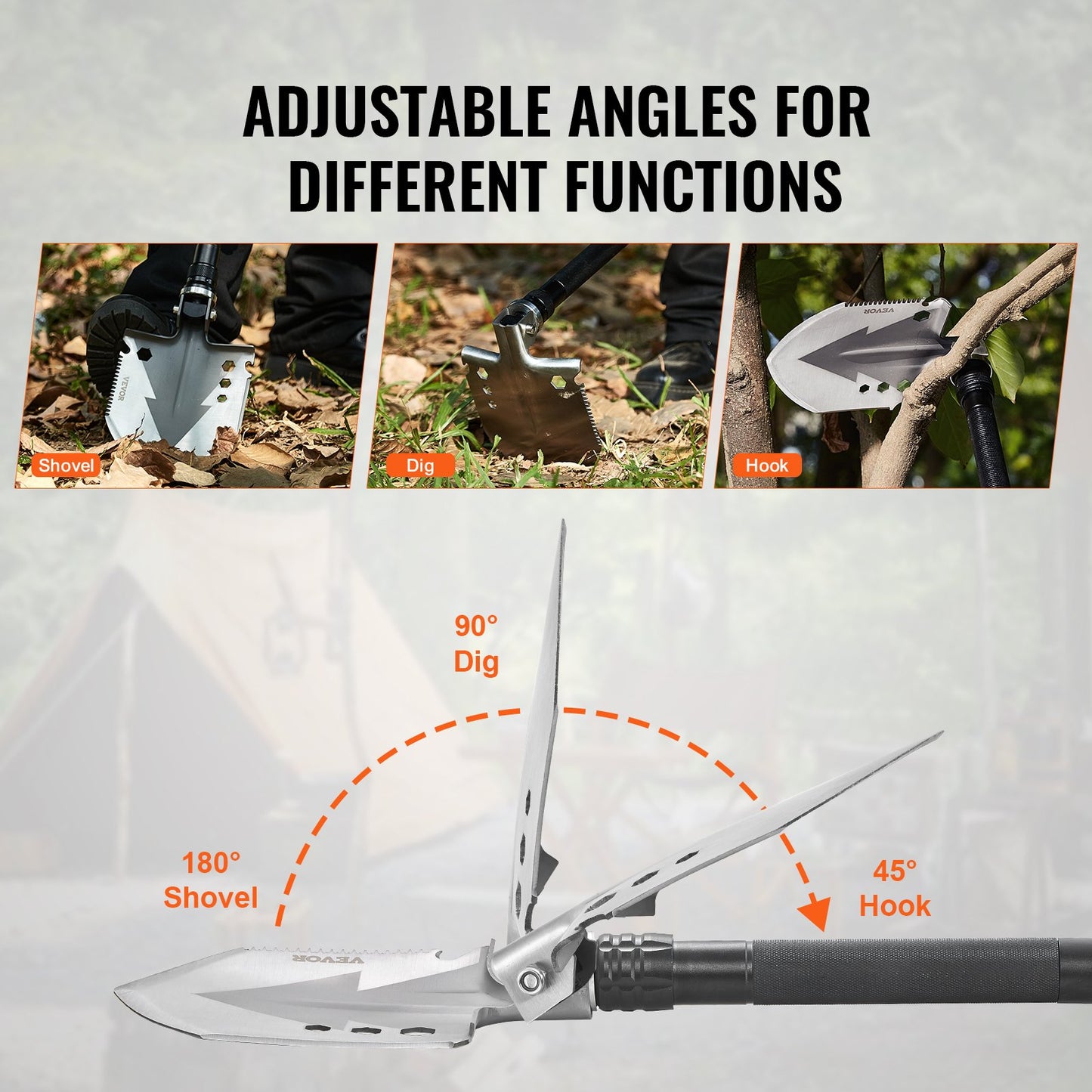 Survival Shovel, 11 in 1 Camping Shovel Folding Multitool, Military Grade Portable Compact Tactical Shovel, Multifunction for Off-Roading, Camping, Hiking, Outdoor, Survivalist and Emergency