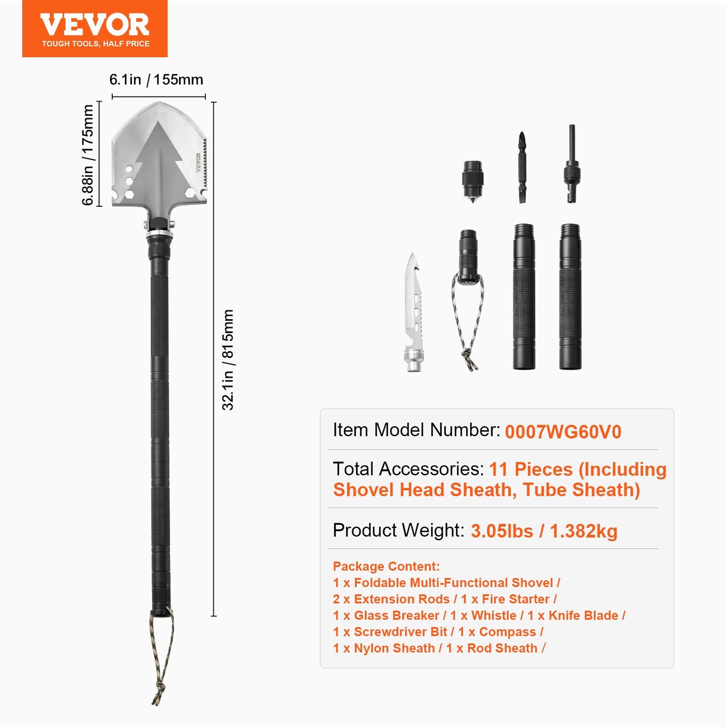 Survival Shovel, 11 in 1 Camping Shovel Folding Multitool, Military Grade Portable Compact Tactical Shovel, Multifunction for Off-Roading, Camping, Hiking, Outdoor, Survivalist and Emergency