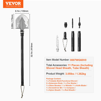 Survival Shovel, 11 in 1 Camping Shovel Folding Multitool, Military Grade Portable Compact Tactical Shovel, Multifunction for Off-Roading, Camping, Hiking, Outdoor, Survivalist and Emergency