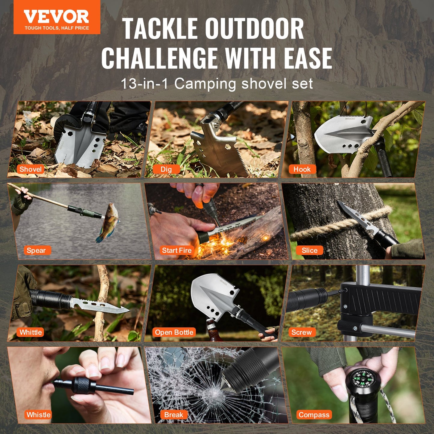 Survival Shovel, 13 in 1 Camping Shovel Folding Multitool, Military Grade Portable Compact Tactical Shovel, Multifunction for Off-Roading, Camping, Hiking, Outdoor, Survivalist and Emergency