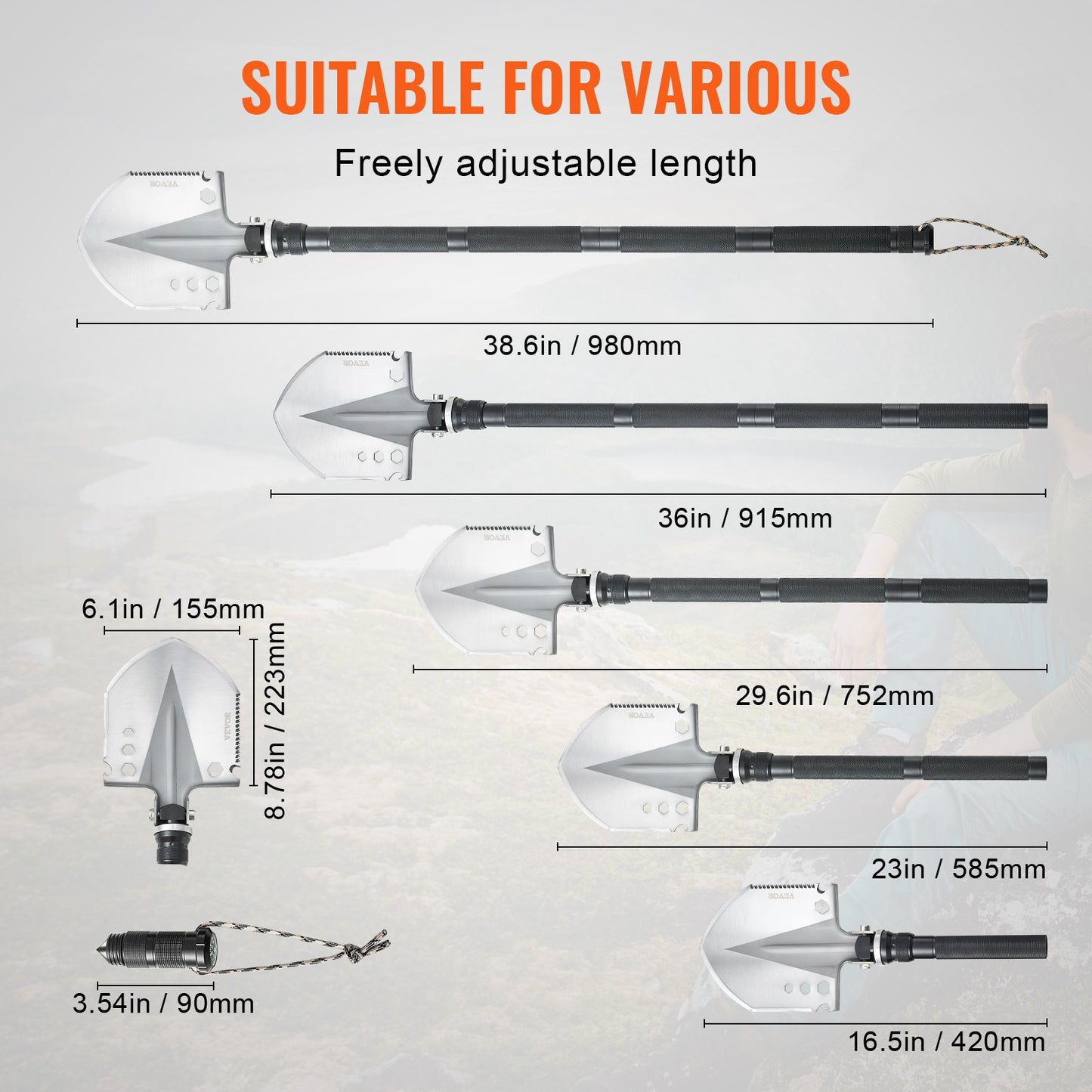 Survival Shovel, 13 in 1 Camping Shovel Folding Multitool, Military Grade Portable Compact Tactical Shovel, Multifunction for Off-Roading, Camping, Hiking, Outdoor, Survivalist and Emergency