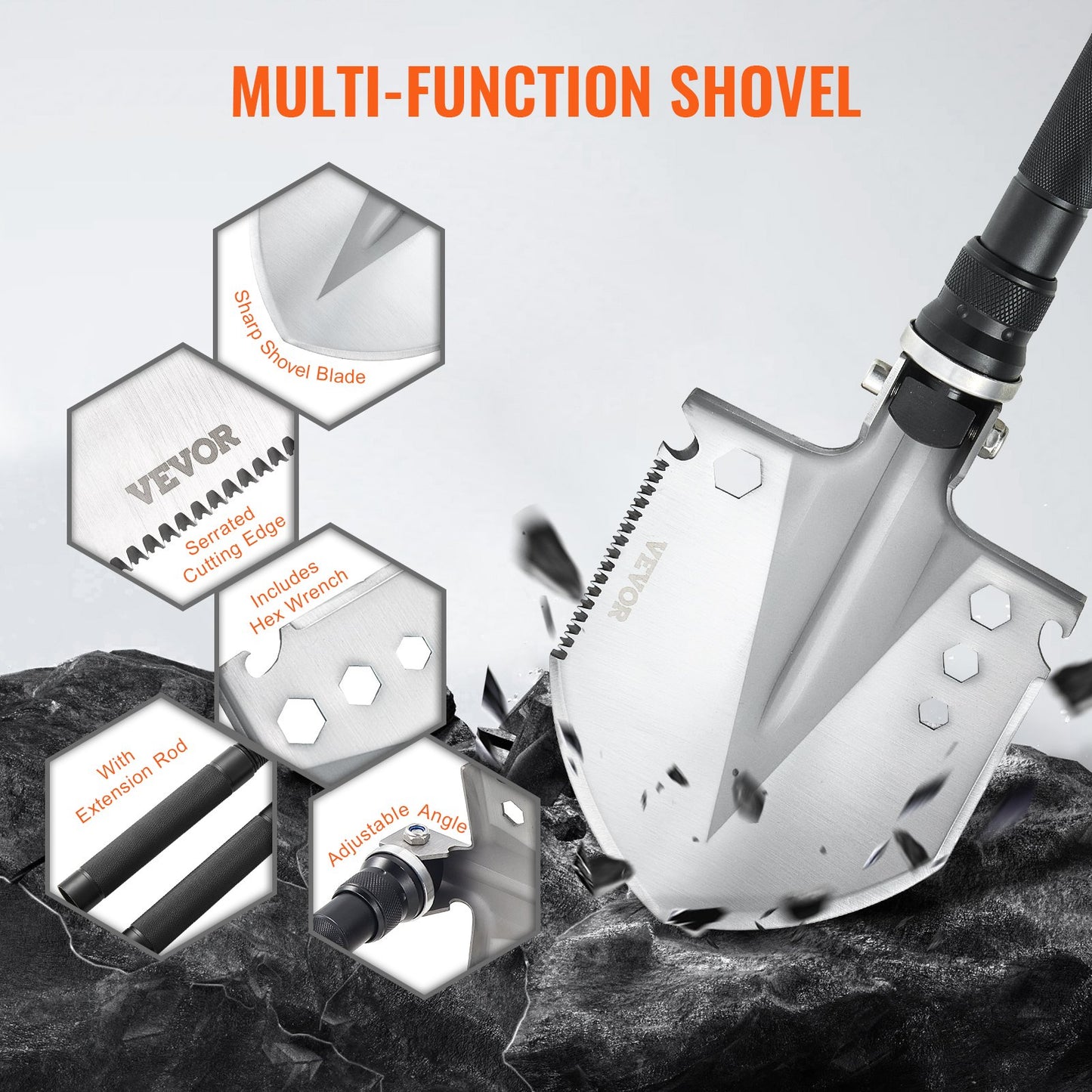 Survival Shovel, 13 in 1 Camping Shovel Folding Multitool, Military Grade Portable Compact Tactical Shovel, Multifunction for Off-Roading, Camping, Hiking, Outdoor, Survivalist and Emergency