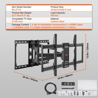Full Motion TV Mount Fits for Most 37-90 inch TVs, Swivel Tilt Horizontal Adjustment TV Wall Mount Bracket with 4 Articulating Arms, Max VESA 600x400mm, Holds up to 165 lbs