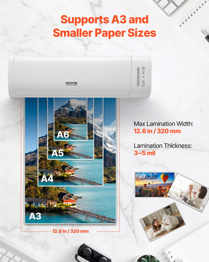 Laminator Machine, Cold and Hot Laminator for Max A3 Paper Size, 1 min Quick Warm Thermal Laminator, 3-5 mil Thickness, Ideal for Home, Office, Business, or School Supplies, White + Grey