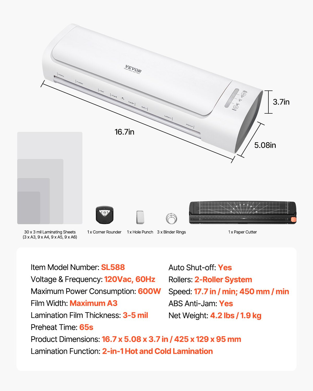 Laminator Machine, Cold and Hot Laminator for Max A3 Paper Size, 1 min Quick Warm Thermal Laminator, 3-5 mil Thickness, Ideal for Home, Office, Business, or School Supplies, White + Grey