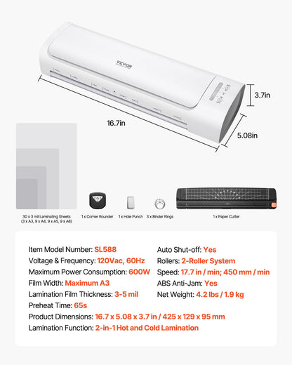 Laminator Machine, Cold and Hot Laminator for Max A3 Paper Size, 1 min Quick Warm Thermal Laminator, 3-5 mil Thickness, Ideal for Home, Office, Business, or School Supplies, White + Grey