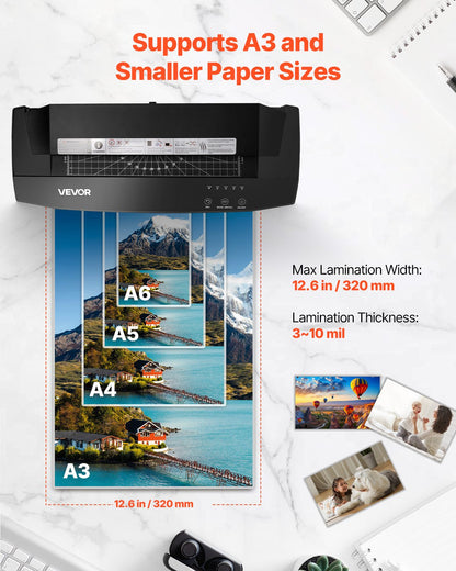 Laminator Machine, Cold and Hot Lamination for Max A3 Paper Size, 1 min Quick Warm Portable Laminator, 3-10 mil Thickness, Ideal for Home, Office, Business, or School Supplies, Black