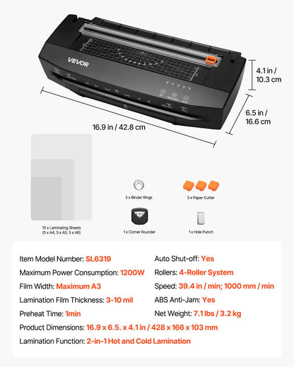 Laminator Machine, Cold and Hot Lamination for Max A3 Paper Size, 1 min Quick Warm Portable Laminator, 3-10 mil Thickness, Ideal for Home, Office, Business, or School Supplies, Black