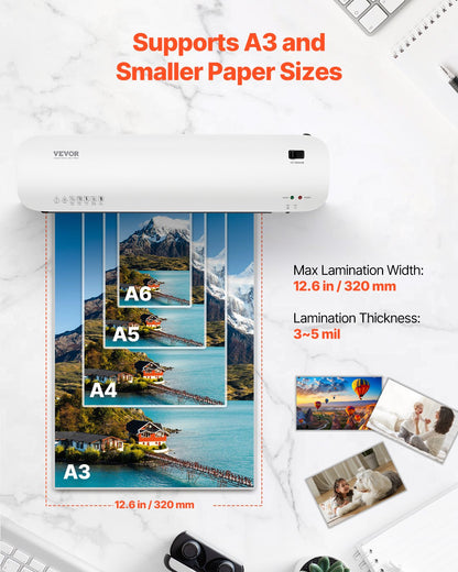 Laminator Machine, Thermal Laminator for Max A3 Paper Size, 2-3 min Quick Warm Portable Laminator, 3-5 mil Thickness, Ideal for Home, Office, Business, or School Supplies, White + Black