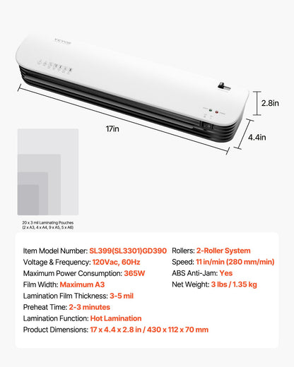 Laminator Machine, Thermal Laminator for Max A3 Paper Size, 2-3 min Quick Warm Portable Laminator, 3-5 mil Thickness, Ideal for Home, Office, Business, or School Supplies, White + Black