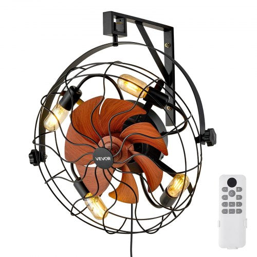 Wall Mounted Fan with Lights, 21 inch Wall Mount Fan with Remote, 6 Speeds Plug in Wall Fan, Timer, 360°Adjustable Tilt for Bedroom,Garage,Workshop (Compatible 4 E26 Bulb Sockets,No Bulb)