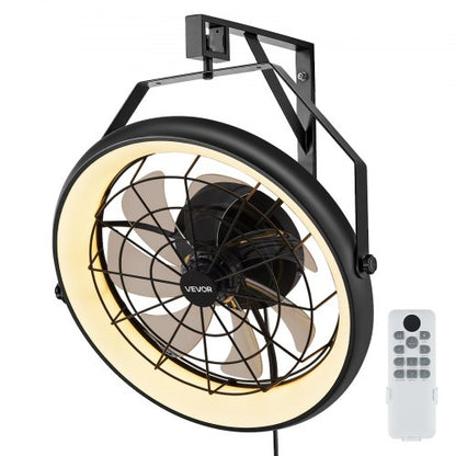 Wall Mounted Fan with Lights, 22 inch Wall Mount Fan with Remote, 6 Speeds Plug in Wall Fan, Reversible, Dimmable 3-color Lighting, Timer, 360°Adjustable Tilt for Workshop, Patio, Home