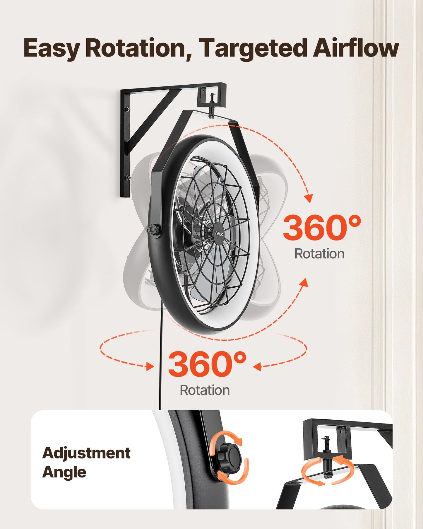 Wall Mounted Fan with Lights, 22 inch Wall Mount Fan with Remote, 6 Speeds Plug in Wall Fan, Reversible, Dimmable 3-color Lighting, Timer, 360°Adjustable Tilt for Workshop, Patio, Home