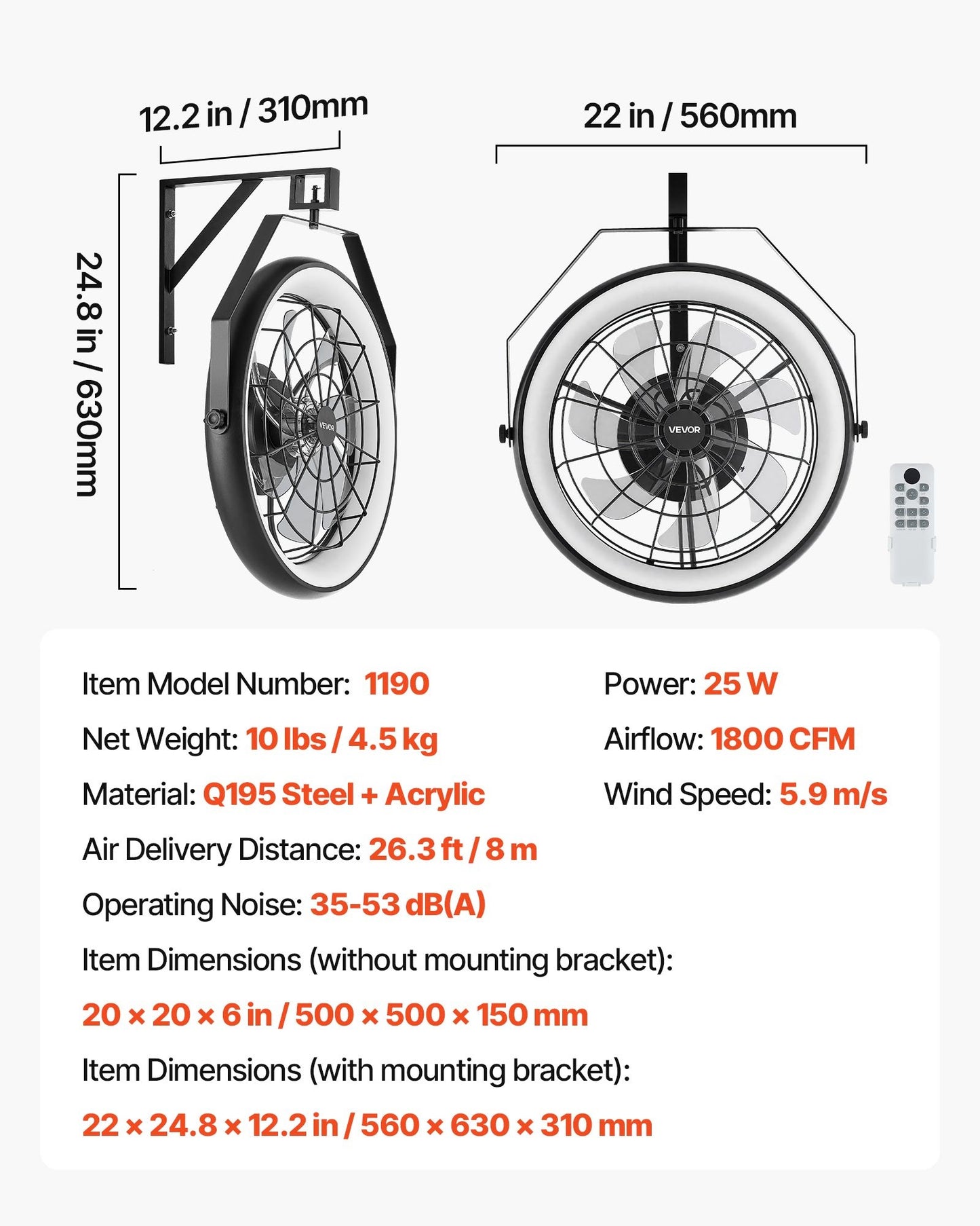 Wall Mounted Fan with Lights, 22 inch Wall Mount Fan with Remote, 6 Speeds Plug in Wall Fan, Reversible, Dimmable 3-color Lighting, Timer, 360°Adjustable Tilt for Workshop, Patio, Home