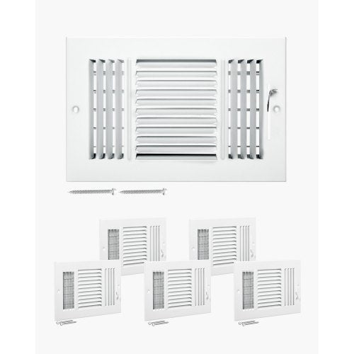 6 x 10 Inch Floor Registers, 6-Pack Floor Vents, HVAC 3-Direction Iron Vent Grilles for Home/Office Wall & Ceiling, Rustproof Anti-Peeling Air Vents Deflector Adjustable with Metal Damper, White