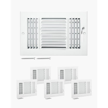 6 x 10 Inch Floor Registers, 6-Pack Floor Vents, HVAC 3-Direction Iron Vent Grilles for Home/Office Wall & Ceiling, Rustproof Anti-Peeling Air Vents Deflector Adjustable with Metal Damper, White
