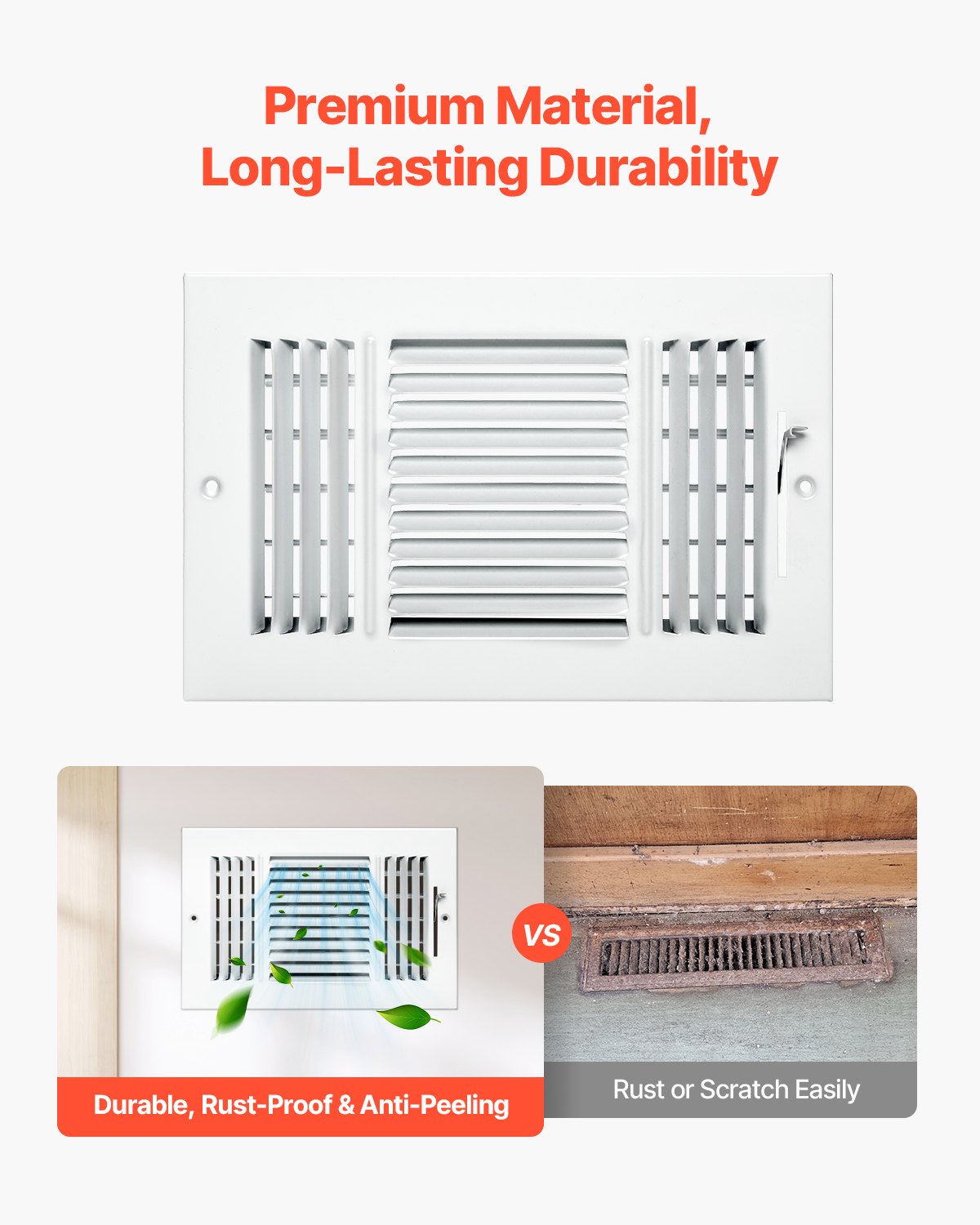 6 x 10 Inch Floor Registers, 6-Pack Floor Vents, HVAC 3-Direction Iron Vent Grilles for Home/Office Wall & Ceiling, Rustproof Anti-Peeling Air Vents Deflector Adjustable with Metal Damper, White