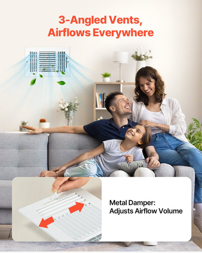 6 x 10 Inch Floor Registers, 6-Pack Floor Vents, HVAC 3-Direction Iron Vent Grilles for Home/Office Wall & Ceiling, Rustproof Anti-Peeling Air Vents Deflector Adjustable with Metal Damper, White