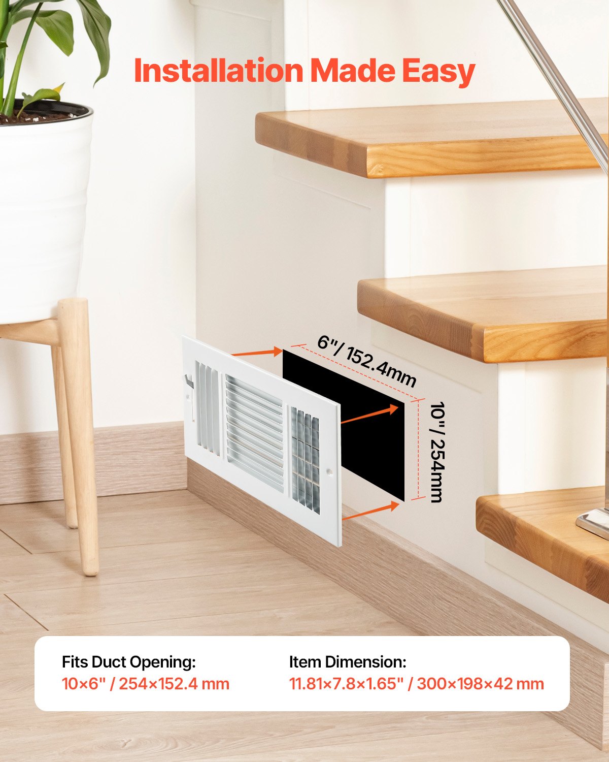 6 x 10 Inch Floor Registers, 6-Pack Floor Vents, HVAC 3-Direction Iron Vent Grilles for Home/Office Wall & Ceiling, Rustproof Anti-Peeling Air Vents Deflector Adjustable with Metal Damper, White