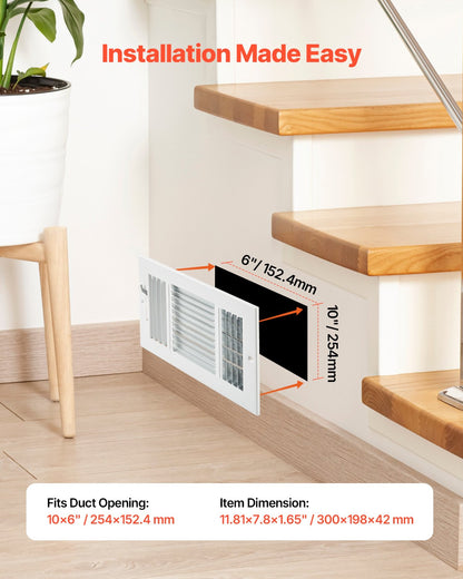 6 x 10 Inch Floor Registers, 6-Pack Floor Vents, HVAC 3-Direction Iron Vent Grilles for Home/Office Wall & Ceiling, Rustproof Anti-Peeling Air Vents Deflector Adjustable with Metal Damper, White