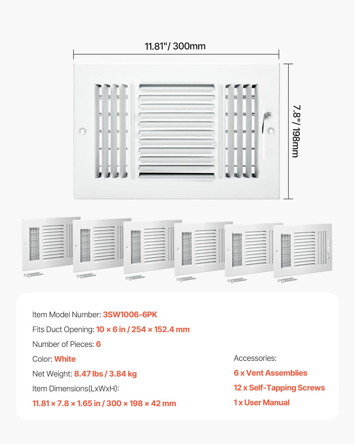 6 x 10 Inch Floor Registers, 6-Pack Floor Vents, HVAC 3-Direction Iron Vent Grilles for Home/Office Wall & Ceiling, Rustproof Anti-Peeling Air Vents Deflector Adjustable with Metal Damper, White