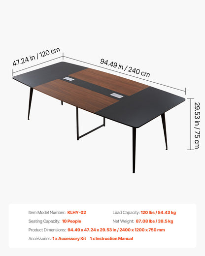 Conference Table, 8 ft Boat Shaped Office Meeting Table for 10 Person, Modern Large Boat Meeting Desk with Metal Legs, Ideal for Office, Boardroom, Conference Room, Easy Assembly, Black & Brown