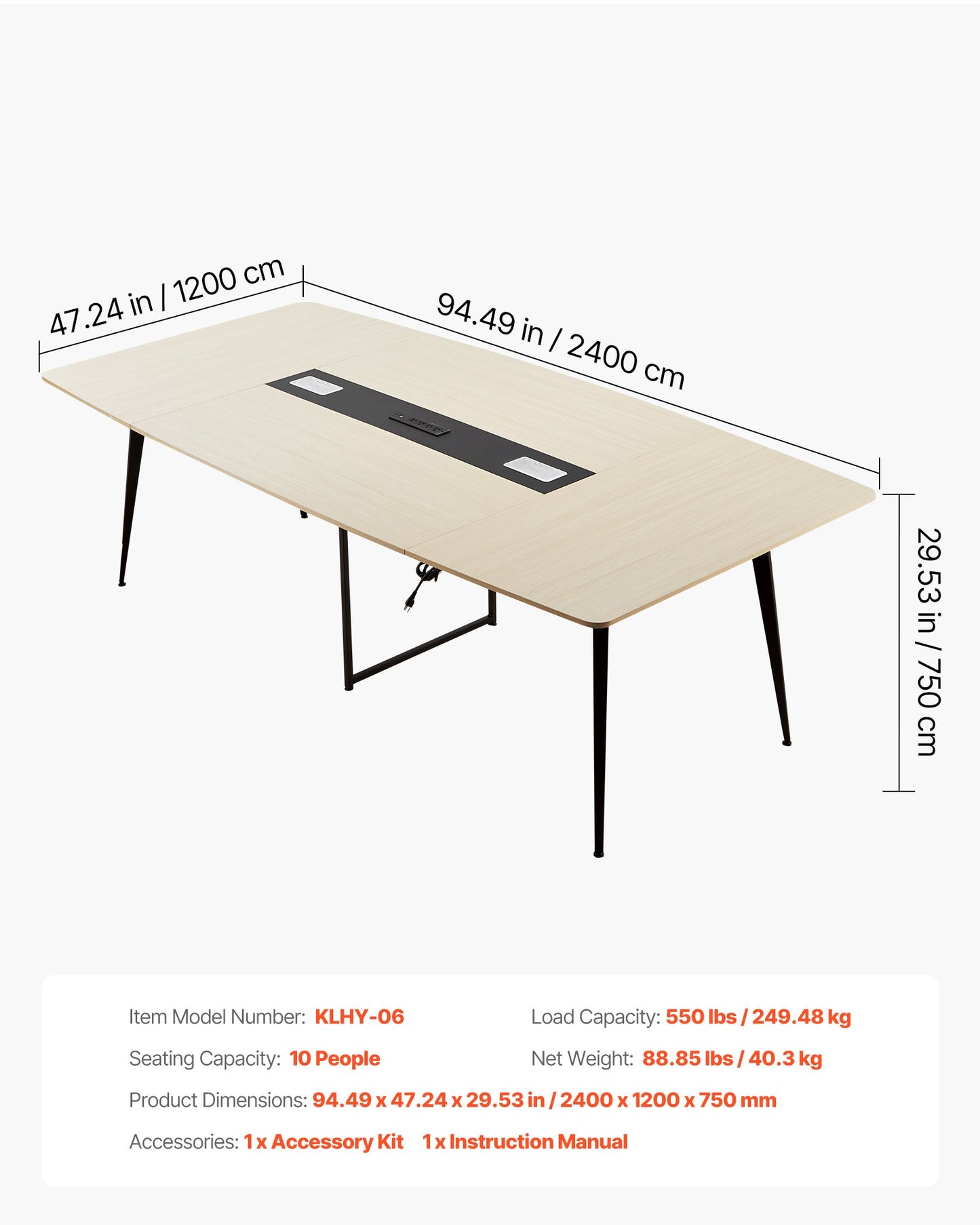 Conference Table, 8 ft Boat Shaped Office Meeting Table with Charge Station for 10 Person, Modern Boat Seminar Meeting Desk with Metal Legs for Office, Boardroom, Conference Room, Easy Assembly
