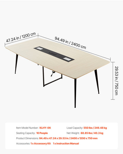 Conference Table, 8 ft Boat Shaped Office Meeting Table with Charge Station for 10 Person, Modern Boat Seminar Meeting Desk with Metal Legs for Office, Boardroom, Conference Room, Easy Assembly
