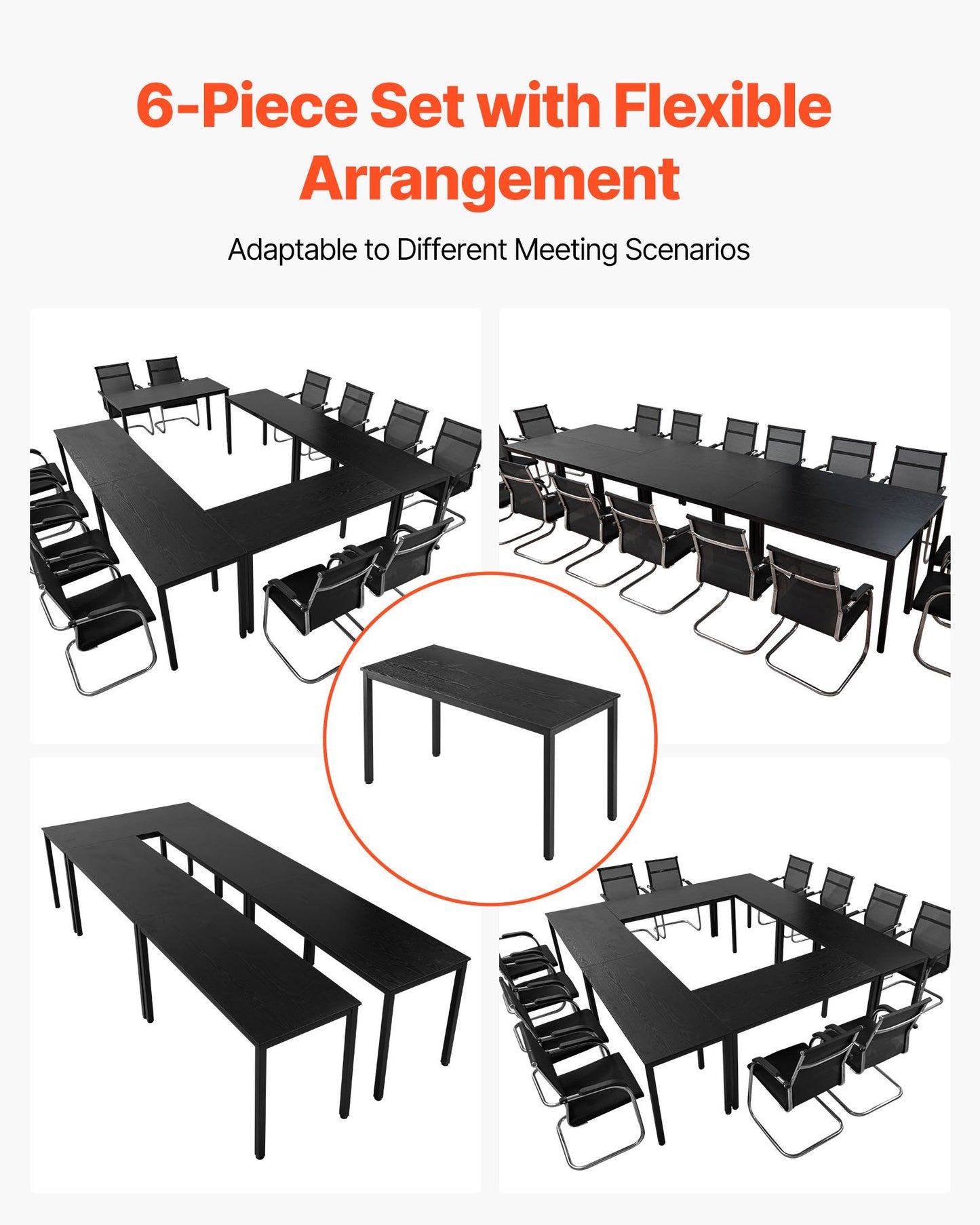 Conference Table, Set of 6, 4.5 ft Office Meeting Table for 16 Person, Flexible Combination Desk Set, Modern Rectangle Meeting Desk with Metal Legs for Office, Conference Room, Easy Assembly