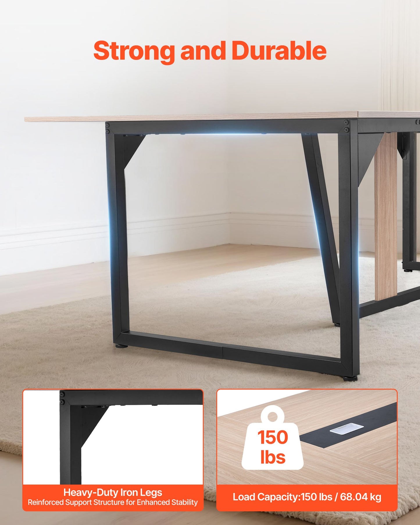 Conference Table, 8 ft Office Meeting Table for 10 Person, Modern Rectangle Seminar Desk with Metal Legs, Large Meeting Desk Ideal for Office, Boardroom, Conference Room, Easy Assembly, Brown