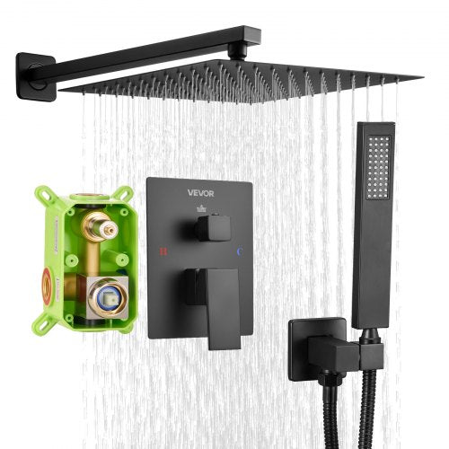 Shower Faucet Set, Rainfall Bathroom Shower System with 12-Inch Square Rain Shower Head and Handheld Spray, Wall Mounted Bath Fixtures with Brass Valve and Trim Kit, Matte Black