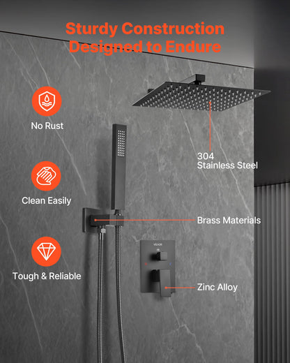 Shower Faucet Set, Rainfall Bathroom Shower System with 12-Inch Square Rain Shower Head and Handheld Spray, Wall Mounted Bath Fixtures with Brass Valve and Trim Kit, Matte Black