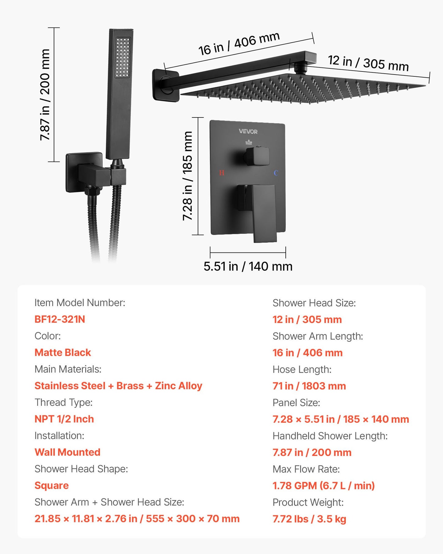 Shower Faucet Set, Rainfall Bathroom Shower System with 12-Inch Square Rain Shower Head and Handheld Spray, Wall Mounted Bath Fixtures with Brass Valve and Trim Kit, Matte Black