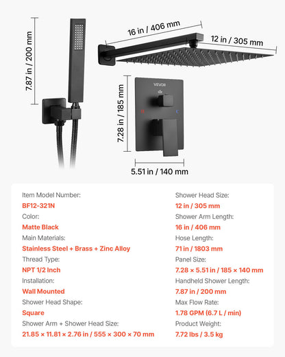 Shower Faucet Set, Rainfall Bathroom Shower System with 12-Inch Square Rain Shower Head and Handheld Spray, Wall Mounted Bath Fixtures with Brass Valve and Trim Kit, Matte Black