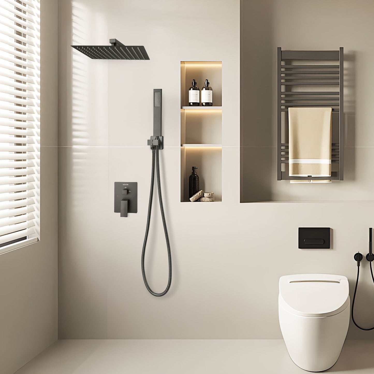 Shower Faucet Set, Rainfall Bathroom Shower System with 12-Inch Square Rain Shower Head and Handheld Spray, Wall Mounted Bath Fixtures with Brass Valve and Trim Kit, Matte Black