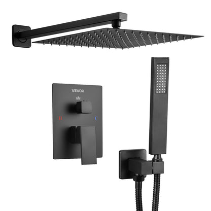 Shower Faucet Set, Rainfall Bathroom Shower System with 12-Inch Square Rain Shower Head and Handheld Spray, Wall Mounted Bath Fixtures with Brass Valve and Trim Kit, Matte Black