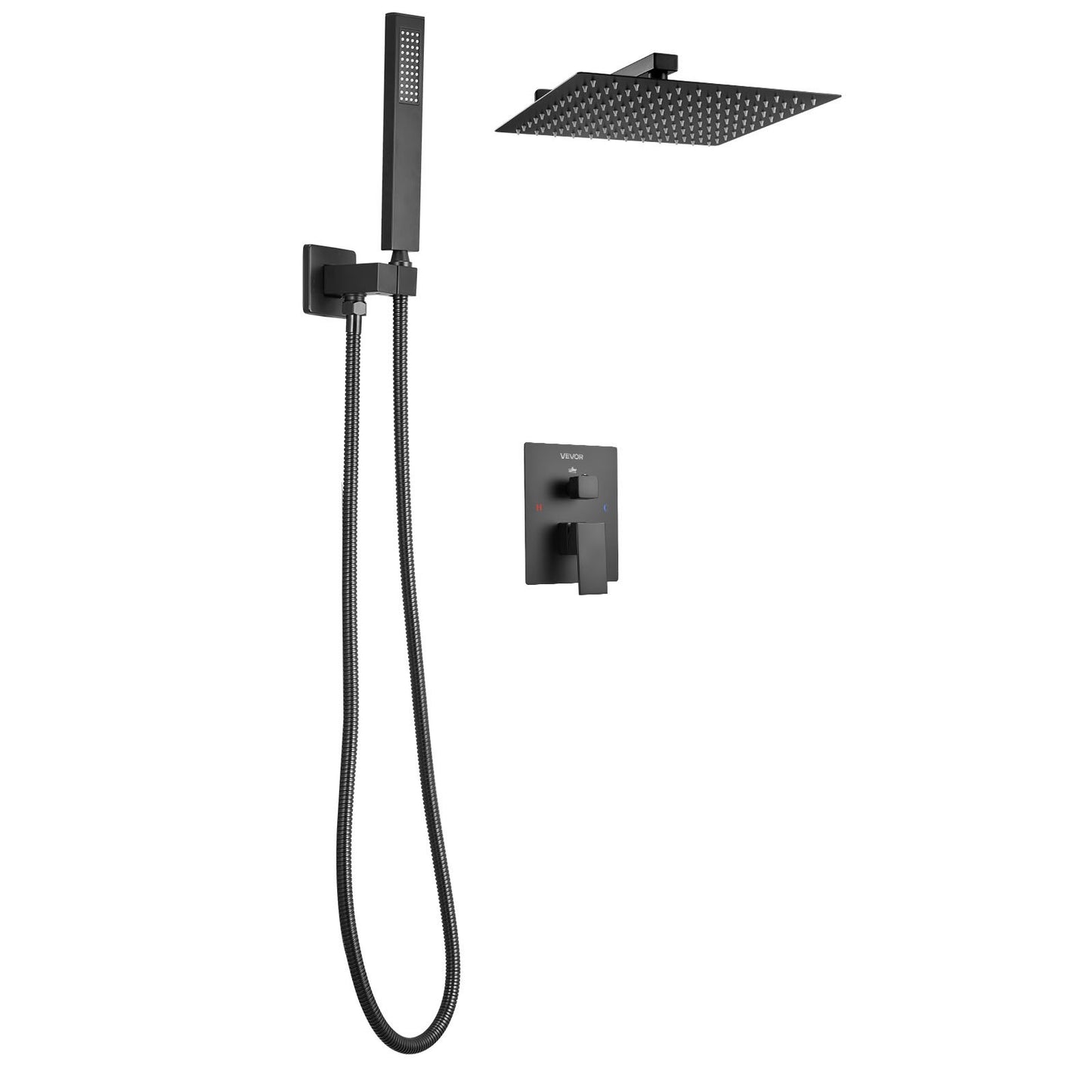 Shower Faucet Set, Rainfall Bathroom Shower System with 12-Inch Square Rain Shower Head and Handheld Spray, Wall Mounted Bath Fixtures with Brass Valve and Trim Kit, Matte Black