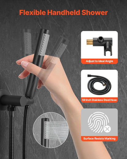 Shower Faucet Set, Rainfall Bathroom Shower System with 10-Inch Round Rain Shower Head and Handheld Spray, Wall Mounted Bath Fixtures with Brass Valve and Trim Kit, Matte Black