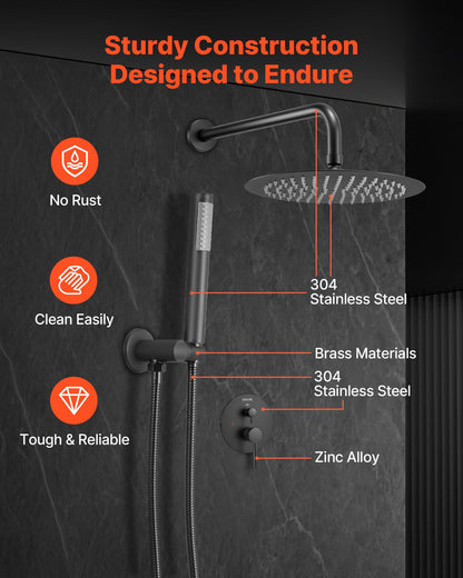 Shower Faucet Set, Rainfall Bathroom Shower System with 10-Inch Round Rain Shower Head and Handheld Spray, Wall Mounted Bath Fixtures with Brass Valve and Trim Kit, Matte Black