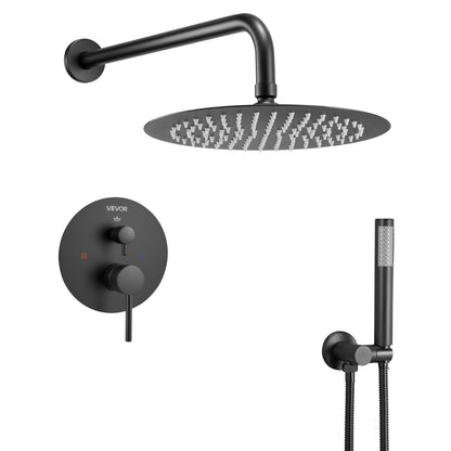 Shower Faucet Set, Rainfall Bathroom Shower System with 10-Inch Round Rain Shower Head and Handheld Spray, Wall Mounted Bath Fixtures with Brass Valve and Trim Kit, Matte Black