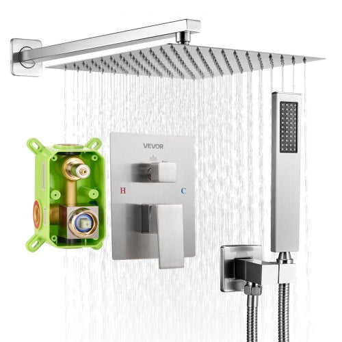 Shower Faucet Set, Rainfall Bathroom Shower System with 12-Inch Square Rain Shower Head and Handheld Spray, Wall Mounted Bath Fixtures with Brass Valve and Trim Kit, Brushed Nickel