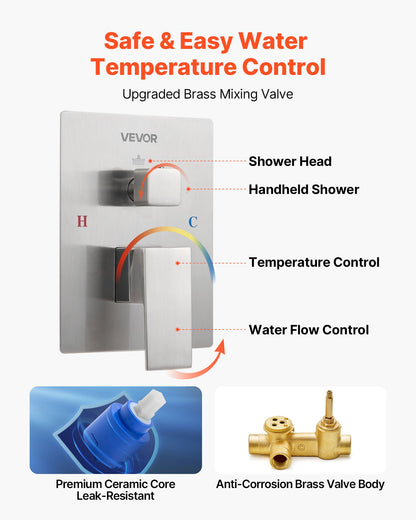 Shower Faucet Set, Rainfall Bathroom Shower System with 12-Inch Square Rain Shower Head and Handheld Spray, Wall Mounted Bath Fixtures with Brass Valve and Trim Kit, Brushed Nickel