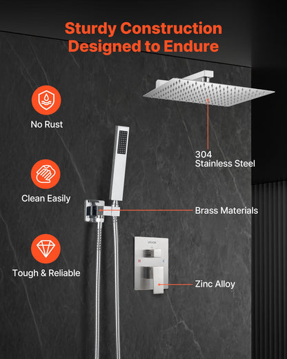 Shower Faucet Set, Rainfall Bathroom Shower System with 12-Inch Square Rain Shower Head and Handheld Spray, Wall Mounted Bath Fixtures with Brass Valve and Trim Kit, Brushed Nickel