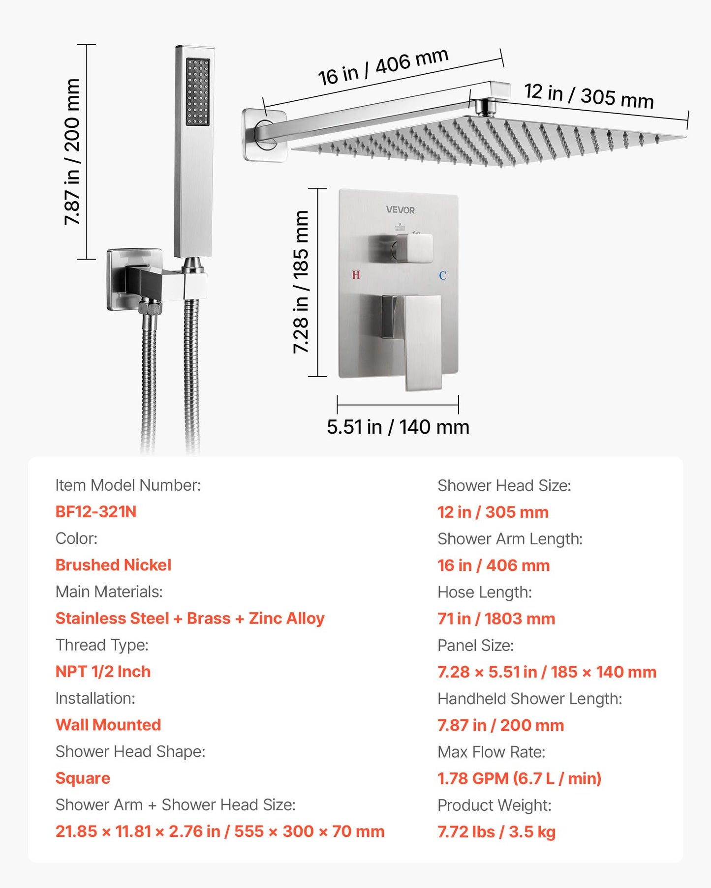 Shower Faucet Set, Rainfall Bathroom Shower System with 12-Inch Square Rain Shower Head and Handheld Spray, Wall Mounted Bath Fixtures with Brass Valve and Trim Kit, Brushed Nickel