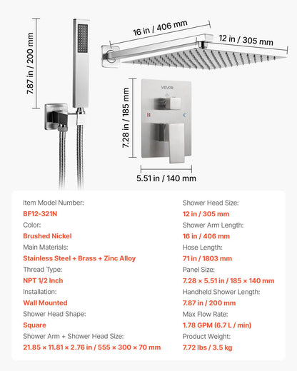 Shower Faucet Set, Rainfall Bathroom Shower System with 12-Inch Square Rain Shower Head and Handheld Spray, Wall Mounted Bath Fixtures with Brass Valve and Trim Kit, Brushed Nickel