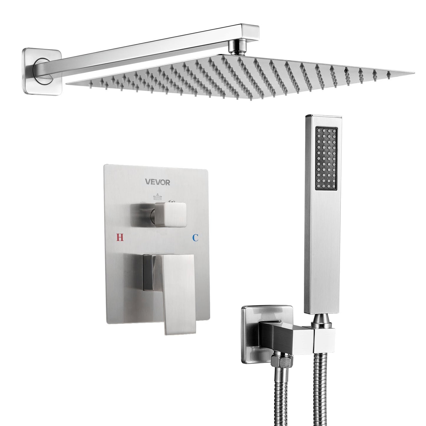 Shower Faucet Set, Rainfall Bathroom Shower System with 12-Inch Square Rain Shower Head and Handheld Spray, Wall Mounted Bath Fixtures with Brass Valve and Trim Kit, Brushed Nickel