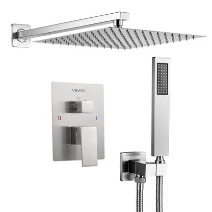Shower Faucet Set, Rainfall Bathroom Shower System with 12-Inch Square Rain Shower Head and Handheld Spray, Wall Mounted Bath Fixtures with Brass Valve and Trim Kit, Brushed Nickel
