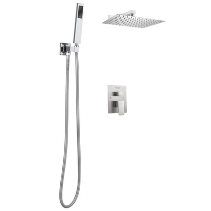 Shower Faucet Set, Rainfall Bathroom Shower System with 12-Inch Square Rain Shower Head and Handheld Spray, Wall Mounted Bath Fixtures with Brass Valve and Trim Kit, Brushed Nickel