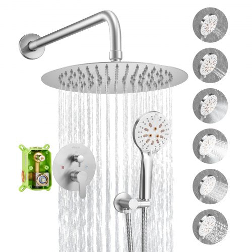 Shower Faucet Set, Rainfall Bathroom Shower System with 10-Inch Round Rain Shower Head and Handheld Spray, Wall Mounted Bath Fixtures with Brass Valve and Trim Kit, Brushed Nickel