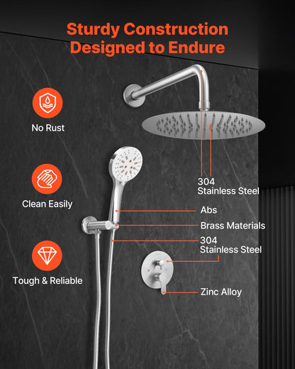 Shower Faucet Set, Rainfall Bathroom Shower System with 10-Inch Round Rain Shower Head and Handheld Spray, Wall Mounted Bath Fixtures with Brass Valve and Trim Kit, Brushed Nickel
